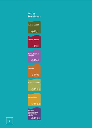 Autres
    domaines :


    Ingénierie / BET



        > P.31


    Conseil / Études



        > P.83

    Foires, Salons et
    Congrès


        > P.99


    Langues



        > P.117

    Management / RH



        > P.123

    Recrutement



        > P.143

    Relations
    Commerciales
    / Logistique /
    Gestion

        > P.155
6
 