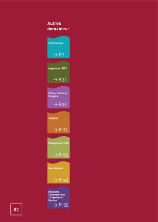 Autres
     domaines :


     Informatique



         > P.7

     Ingénierie / BET



         > P.31

     Foires, Salons et
     Congrès


         > P.99

     Langues



         > P.117

     Management / RH



         > P.123

     Recrutement



         > P.143

     Relations
     Commerciales
     / Logistique /
     Gestion
         > P.155
82
 