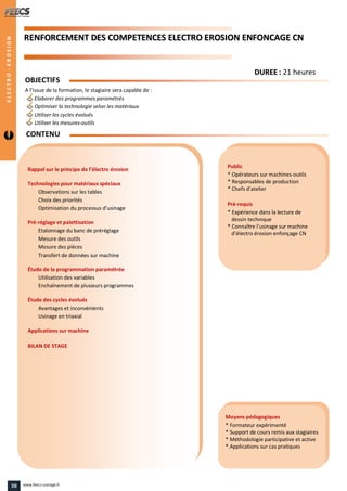 RREENNFFOORRCCEEMMEENNTT DDEESS CCOOMMPPEETTEENNCCEESS EELLEECCTTRROO EERROOSSIIOONN EENNFFOONNCCAAGGEE CCNN
Public
* Opérateurs sur machines-outils
* Responsables de production
* Chefs d’atelier
Pré-requis
* Expérience dans la lecture de
dessin technique
* Connaître l’usinage sur machine
d’électro érosion enfonçage CN
Moyens pédagogiques
* Formateur expérimenté
* Support de cours remis aux stagiaires
* Méthodologie participative et active
* Applications sur cas pratiques
Rappel sur le principe de l’électro érosion
Technologies pour matériaux spéciaux
Observations sur les tables
Choix des priorités
Optimisation du processus d’usinage
Pré-réglage et palettisation
Etalonnage du banc de préréglage
Mesure des outils
Mesure des pièces
Transfert de données sur machine
Étude de la programmation paramétrée
Utilisation des variables
Enchaînement de plusieurs programmes
Étude des cycles évolués
Avantages et inconvénients
Usinage en triaxial
Applications sur machine
BILAN DE STAGE
CONTENU
DDUURREEEE : 21 heures
OBJECTIFS
A l’issue de la formation, le stagiaire sera capable de :
Elaborer des programmes paramétrés
Optimiser la technologie selon les matériaux
Utiliser les cycles évolués
Utiliser les mesures-outils
ELECTRO-EROSION
38 www.feecs-usinage.fr
 