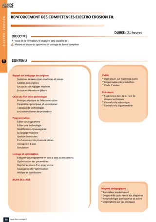 RREENNFFOORRCCEEMMEENNTT DDEESS CCOOMMPPEETTEENNCCEESS EELLEECCTTRROO EERROOSSIIOONN FFIILL
Public
* Opérateurs sur machines-outils
* Responsables de production
* Chefs d’atelier
Pré-requis
* Expérience dans la lecture de
dessins techniques
* Connaître la mécanique
* Connaître la trigonométrie
Moyens pédagogiques
* Formateur expérimenté
* Support de cours remis aux stagiaires
* Méthodologie participative et active
* Applications sur cas pratiques
Rappel sur le réglage des origines
Systèmes de références machines et pièces
Gestion des origines
Les cycles de réglages machine
Les cycles de mesure pièces
Choix du fil et de la technologie
Principe physique de l’électro érosion
Paramètres principaux et secondaires
Tableaux de technologies
Les automatismes de protection
Programmation
Editer un programme
Editer une technologie
Modification et sauvegarde
Le langage machine
Gestion des chutes
Enchainement de plusieurs pièces
Usinage en 4 axes
Simulation
Usinage et optimisation
Exécuter un programme en bloc à bloc ou en continu
Optimisation des paramètres
Reprise au cours d’un programme
Sauvegarde de l’optimisation
Analyse et conclusions
BILAN DE STAGE
CONTENU
DDUURREEEE : 21 heures
OBJECTIFS
A l’issue de la formation, le stagiaire sera capable de :
Mettre en œuvre et optimiser un usinage de forme complexe
ELECTRO-EROSION
40 www.feecs-usinage.fr
 