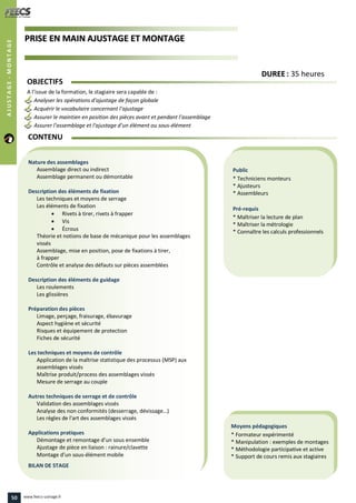 PPRRIISSEE EENN MMAAIINN AAJJUUSSTTAAGGEE EETT MMOONNTTAAGGEE
Public
* Techniciens monteurs
* Ajusteurs
* Assembleurs
Pré-requis
* Maîtriser la lecture de plan
* Maîtriser la métrologie
* Connaître les calculs professionnels
Moyens pédagogiques
* Formateur expérimenté
* Manipulation : exemples de montages
* Méthodologie participative et active
* Support de cours remis aux stagiaires
Nature des assemblages
Assemblage direct ou indirect
Assemblage permanent ou démontable
Description des éléments de fixation
Les techniques et moyens de serrage
Les éléments de fixation
 Rivets à tirer, rivets à frapper
 Vis
 Écrous
Théorie et notions de base de mécanique pour les assemblages
vissés
Assemblage, mise en position, pose de fixations à tirer,
à frapper
Contrôle et analyse des défauts sur pièces assemblées
Description des éléments de guidage
Les roulements
Les glissières
Préparation des pièces
Limage, perçage, fraisurage, ébavurage
Aspect hygiène et sécurité
Risques et équipement de protection
Fiches de sécurité
Les techniques et moyens de contrôle
Application de la maîtrise statistique des processus (MSP) aux
assemblages vissés
Maîtrise produit/process des assemblages vissés
Mesure de serrage au couple
Autres techniques de serrage et de contrôle
Validation des assemblages vissés
Analyse des non conformités (desserrage, dévissage…)
Les règles de l'art des assemblages vissés
Applications pratiques
Démontage et remontage d’un sous ensemble
Ajustage de pièce en liaison : rainure/clavette
Montage d’un sous-élément mobile
BILAN DE STAGE
OBJECTIFS
A l’issue de la formation, le stagiaire sera capable de :
Analyser les opérations d’ajustage de façon globale
Acquérir le vocabulaire concernant l’ajustage
Assurer le maintien en position des pièces avant et pendant l’assemblage
Assurer l’assemblage et l’ajustage d’un élément ou sous-élément
CONTENU
DDUURREEEE : 35 heures
AJUSTAGE-MONTAGE
50 www.feecs-usinage.fr
 