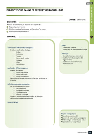 DDIIAAGGNNOOSSTTIICC DDEE PPAANNNNEE EETT RREEPPAARRAATTIIOONN DD’’OOUUTTIILLLLAAGGEE
Public
* Techniciens d’atelier
* Techniciens de maintenance outillage
Pré-requis
* Connaître l’usinage des métaux
* Maîtriser la lecture de plan et la
trigonométrie
* Maîtriser la manipulation des
machines-outils
Moyens pédagogiques
* Formateur expérimenté
* Support de cours remis aux stagiaires
* Méthodologie participative et active
* Applications sur cas pratiques
Connaître les différents types de panne
Problème sur la pièce plastique :
 Brûlure
 Retassure
 Traces
 Panne sur le moule
 Grippage
 Choc
 Fuite d’eau…
Analyse des différentes pannes
Analyse des causes :
 Panne mécanique
 Panne électrique
 Panne hydraulique
Déterminer si la réparation peut s’effectuer sur presse ou
à l’atelier
Définition des modes opératoires
Les techniques de réparation :
 Rechargement
 Calage au clinquant
 Ajustage manuel
 Reprise d’usinage
Influence des réparations sur la pièce, le plastique
Définition d’une gamme opératoire
BILAN DE STAGE
CONTENU
FORMATIONSOUTILLAGE
DDUURREEEE : 14 heures
OBJECTIFS
A l’issue de la formation, le stagiaire sera capable de :
Diagnostiquer une panne
Définir un mode opératoire pour la réparation d’un moule
Réparer un outillage (niveau 1)
53www.feecs-usinage.fr
 