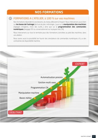 7www.feecs-usinage.fr
NOS FORMATIONS 
Nos formations répondent à vos besoins, du niveau débutant à l’expert. Nous intervenons aussi bien
sur les bases de l’usinage (lecture de plan, métrologie…) que sur la manipulation des machines
(réglages d’origines, choix des outils…) ainsi que sur la programmation des commandes
numériques (langage ISO ou conversationnel sur la plupart des CN).
Nous intervenons sur tout le territoire pour des formations concrètes au pied des machines, dans
vos ateliers.
Nous avons aussi la possibilité de fournir des simulateurs de commandes numériques s’il y a des
contraintes de disponibilité machine.
FORMATIONS A L’ATELIER, à 100 % sur vos machines
EXPERT
DEBUTANT
Bases métier
Manipulation machine
Programmation CN
Gestion multi-axes
Automatisation process
 