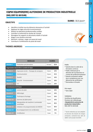 MODULES DURÉES
Module 1 Évaluation pré-formative 0,5 jour 3,5 h
Organisation industrielle et conduite de ligne
Module 2 Expression écrite – Passage de consignes 2 jours 14 h
Module 3 Communication 3 jours 21 h
Module 4 Qualité 2 jours 14 h
Module 5 Sécurité - Environnement 2 jours 14 h
Module 6 5 S 2 jours 14 h
Connaissances techniques
Module 7 Lecture de plan 2 jours 14 h
Module 8 Métrologie 2 jours 14 h
Module 9 Techniques d'usinage 2 jours 14 h
Module 10 Gammes de fabrication 2 jours 14 h
Module 11
Manipulation de machine à commande
numérique
5 jours 35 h
Module 12 Initiation à la programmation de MOCN 5 jours 35 h
Module 13 Accompagnement à la certification 2 jours 14 h
Module 14 Certification 1 jour 7 h
OBJECTIFS
 Identifier et vérifier tous les éléments nécessaires à l’activité
 Appliquer les règles sécurité et environnement
 Réaliser les opérations professionnelles confiées
 Contrôler la conformité du résultat de l’activité
 Renseigner les supports ou documents relatifs à l’activité
 Réagir à une situation anormale
 Maintenir, nettoyer, ranger son poste de travail
 Contribuer à l’amélioration du poste de travail
THEMES ABORDES
DUREE : 32,5 jours*
Public
* Salariés dans le cadre de la
formation continue
* Public intéressé par le
domaine de la production en
contrat de professionnalisation
* Salariés souhaitant valider
leurs compétences par une
démarche de certification
* Demandeurs d'emploi
Pré-requis
* Sans objet
Validation
Certificat de Qualification
Paritaire de la Métallurgie
«Equipier(ère) autonome de
production industrielle»
MQ 1997 01 68 0148
* Durée indicative qui sera adaptée
en fonction des besoins de chaque
entreprise, contactez-nous afin de
définir votre projet ensemble.
CQPM EQUIPIER(ERE) AUTONOME DE PRODUCTION INDUSTRIELLECQPMCQPMCQPM EQUIPIER(ERE) AUTONOME DE PRODUCTION INDUSTRIELLE
(MQ 1997 01 68 0148)
EQUIPIER(ERE) AUTONOME DE PRODUCTION INDUSTRIELLEEQUIPIER(ERE) AUTONOME DE PRODUCTION INDUSTRIELLE
1997 01 68 01481997 01 68 0148))
FORMATIONSCERTIFIANTES
93www.feecs-usinage.fr
 