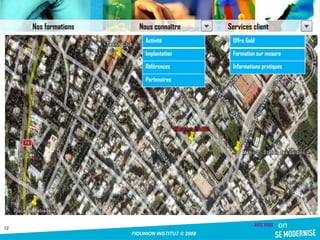 Plan d’accès : Situés en plein cœur de Tunis, notre centre de formation est facilement accessible en transport en commun. Nous avons choisi de privilégier un lieux de vie typiquement tunisien, un quartier d’affaires, à 10 mn des Berges du Lac, 5 mn du quartier d’affaires Montplaisir et du Centre Urbain Nord, A vous de joindre l’utile à l’agréable… Nos formations Nous connaître Services client Activité Implantation Références Partenaires Offre Gold Formation sur mesure Informations pratiques 