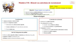 Module n°10 : Réussir ses entretiens de recrutement
Suivi de l’intégration ducandidat
§ Définir les critères objectifs et fiables d’évaluation pour élaboration d’une grille.
§ Organiser et animer les réunions de suivi.
§ Décisions à prendre en fonction des éléments recueillis.
La préparation
§ Analyser ses besoins et décrire le poste.
§ Identifier les compétences requises :
§ Détermination des critères de choix objectifs;
§ Lecture et sélection des CV et des lettres de motivation.
§ Prise de rendez-vous.
Objectifs : Chaque stagiaire sera capable de
§ Faire de l’entretien un outil de décision pour la sélection du candidat.
§ Détecter les vraies motivations du candidat.
§ Construire une grille d’aide à la décision par rapport au poste.
L’entretien de recrutement
§ Préparation d’un guide d’entretien.
§ Phase découverte du candidat :
§ L’accueil : créer un climat de confiance.
§ Les techniques d’écoute et de questionnement.
§ Evaluation de l’entretien :
§ Comparaison entre profil recherché et informations retenues.
§ Préparation des points à négocier.
§ Choix ducandidat.
Parteco	- Révélateur	&	amplificateur d'enthousiames 14
Durée : 2 jours
Prérequis : direction, manager une équipe
Thèmes développés
 