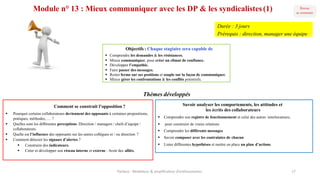Module n° 13 : Mieux communiquer avec les DP & les syndicalistes(1)
Savoir analyser les comportements, les attitudes et
les écrits des collaborateurs
§ Comprendre son registre de fonctionnement et celui des autres interlocuteurs,
§ pour construire de vraies relations
§ Comprendre les différents messages
§ Savoir composer avec les contraintes de chacun
§ Lister différentes hypothèses et mettre en place un plan d’actions
Objectifs : Chaque stagiaire sera capable de
§ Comprendre les demandes & les résistances.
§ Mieux communiquer, pour créer un climat de confiance.
§ Développer l’empathie.
§ Faire passer des messages.
§ Rester ferme sur ses positions et souple sur la façon de communiquer.
§ Mieux gérer les confrontations & les conflits potentiels.
Thèmes développés
Comment se construit l’opposition ?
§ Pourquoi certains collaborateurs deviennent des opposants à certaines propositions,
pratiques, méthodes, … ?
§ Quelles sont les différentes perceptions :Direction / managers / chefs d’équipe /
collaborateurs.
§ Quelle est l’influence des opposants sur les autres collègues et / ou direction ?
§ Comment détecter les signaux d’alertes ?
§ Construire des indicateurs.
§ Créer et développer son réseau interne et externe : Avoir des alliés.
Parteco	- Révélateur	&	amplificateur d'enthousiames 17
Durée : 3 jours
Prérequis : direction, manager une équipe
 