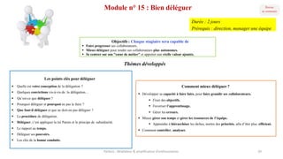 Module n° 15 : Bien déléguer
Comment mieux déléguer ?
§ Développer sa capacité à faire faire, pour faire grandir ses collaborateurs.
§ Fixer des objectifs.
§ Favoriser l’apprentissage.
§ Gérer les erreurs.
§ Mieux gérer son temps et gérer les ressources de l’équipe.
§ Apprendre à hiérarchiser les tâches, mettre des priorités, afin d’être plus efficient.
§ Comment contrôler, analyser.
Les points clés pour déléguer
§ Quelle est votre conception de la délégation ?
§ Quelques convictions vis-à-vis de la délégation…
§ Qu’est-ce que déléguer ?
§ Pourquoi déléguer et pourquoi ne pas le faire ?
§ Que faut-il déléguer et que ne doit-on pas déléguer ?
§ La procédure de délégation.
§ Déléguer, c’est appliquer la loi Pareto et le principe de subsidiarité.
§ Le rapport au temps.
§ Déléguer ses pouvoirs.
§ Les clés de la bonne conduite.
Objectifs : Chaque stagiaire sera capable de
§ Faire progresser ses collaborateurs.
§ Mieux déléguer pour rendre ses collaborateurs plus autonomes.
§ Se centrer sur son "cœur de métier" et apporter une réelle valeur ajoutée.
Thèmes développés
Parteco	- Révélateur	&	amplificateur d'enthousiames 20
Durée : 2 jours
Prérequis : direction, manager une équipe
 