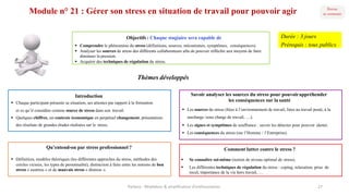 Module n° 21 : Gérer son stress en situation de travail pour pouvoir agir
Qu’entend-on par stress professionnel ?
§ Définition, modèles théoriques (les différentes approches du stress, méthodes des
cercles vicieux, les types de personnalité), distinction à faire entre les notions de bon
stress « eustress » et de mauvais stress « distress ».
Introduction
§ Chaque participant présente sa situation, ses attentes par rapport à la formation
et ce qu’il considère comme source de stress dans son travail.
§ Quelques chiffres, un contexte économique en perpétuel changement, présentation
des résultats de grandes études réalisées sur le stress.
Objectifs : Chaque stagiaire sera capable de
§ Comprendre le phénomène du stress (définitions, sources, mécanismes, symptômes, conséquences).
§ Analyser les sources de stress des différents collaborateurs afin de pouvoir réfléchir aux moyens de faire
diminuer la pression.
§ Acquérir des techniques de régulation du stress.
Thèmes développés
Savoir analyser les sources du stress pour pouvoirappréhender
les conséquences sur la santé
§ Les sources du stress (liées à l’environnement de travail, liées au travail posté, à la
surcharge /sous charge de travail, …).
§ Les signes et symptômes de souffrance : savoir les détecter pour pouvoir alerter.
§ Les conséquences du stress (sur l’Homme / l’Entreprise).
Comment lutter contre le stress ?
§ Se connaître soi-même (notion de niveau optimal de stress).
§ Les différentes techniques de régulation du stress : coping, relaxation, prise de
recul, importance de la vie hors travail, …
Parteco	- Révélateur	&	amplificateur d'enthousiames 27
Durée : 3 jours
Prérequis : tous publics
 