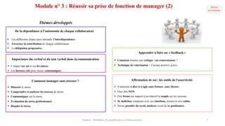 Importance du verbal et du non verbal dans la communication
§ L’impact sur soi et sur les autres.
§ Les facteurs clés pour mieux communiquer.
De la dépendance à l’autonomie de chaque collaborateur
§ Les différentes étapes pour atteindre l’interdépendance.
§ Favoriser la contribution de chaque collaborateur.
§ La délégation progressive.
Affirmation de soi : les outils de l’assertivité.
§ S’autoriser à dire et à agir, sans froisser, sans blesser.
§ Oser dire NON.
§ Etre ferme par rapport à un objectif et souple sur les moyens.
§ Se maîtriser, composer avec ses émotions, conserver son calme.
§ Savoir prendre du recul, analyser avant de se positionner.
Parteco	- Révélateur	&	amplificateur d'enthousiames 7
Thèmes développés
Comment manager sans stresser ?
§ Détecter le stress.
§ Comprendre et analyser les sources de stress.
§ Communiquer sur le stress.
§ Evaluation du stress professionnel.
§ Réguler le stress.
Apprendre à faire un « feedback »
§ Comment émettre une critique / un remerciement ?
§ Technique de valorisation : l’écoute positive active.
Module n° 3 : Réussir sa prise de fonction de manager (2)
 