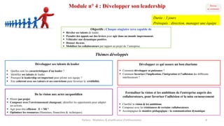 Module n° 4 : Développer son leadership
Formaliser la vision et les ambitions de l'entreprise auprès des
collaborateurs, pour favoriser l’adhésion et la mise enmouvement
§ Clarifier la vision & les ambitions.
§ Composer avec les résistances de certains collaborateurs.
§ Accompagner de manière pédagogique : la communication dynamique
Développer ses talents de leader
§ Quelles sont les caractéristiques d’un leader ?
§ Identifier ses talents de leader.
§ Pourquoi le leadership est important pour piloter son équipe ?
§ Etre cohérent avec ses valeurs et ses convictions pour favoriser la crédibilité.
Développer ce qui assure un bon charisme
§ Comment développer sa puissance ?
§ Comment favoriser l’implication, l’intégration et l’adhésion des différents
interlocuteurs ?
Objectifs : Chaque stagiaire sera capable de
§ Révéler ses talents de leader.
§ Prendre des appuis sur des leviers pour agir dans un monde impermanent.
§ Véhiculer une dynamique positive.
§ Donner dusens.
§ Mobiliser les collaborateurs par rapport au projet de l’entreprise.
Thèmes développés
De la vision aux actes auquotidien
§ Piloter par projet.
§ Composer avec l’environnement changeant, identifier les opportunités pour adapter
ses actions.
§ Agir pour être efficient : E = MC²
§ Optimiser les ressources (Humaines, financières & techniques).
Parteco	- Révélateur	&	amplificateur d'enthousiames 8
Durée : 3 jours
Prérequis : direction, manager une équipe
 