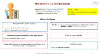 Module n° 5 : Gestion des projets
Comprendre les enjeux du management par projet, l'impact sur la
hiérarchie et sur la chaine de décision.
La représentation globale duprojet
§ Les niveaux de décision à l'intérieur d'un projet.
§ Identifier et coordonner les acteurs du projet.
Optimiser les ressources d'un projet, coûts, délais, moyens
§ Utiliser les 5M pour structurer le projet.
Objectifs : Chaque stagiaire sera capable de
§ Mieux planifier le déroulement de ses projets.
§ Optimiser les ressources de son équipe.
Thèmes développés
Planifier un projet, comprendre les intérêts et utilisation des méthodes
PERT et GANTT. Application sur un exemple.
Conclure un projet
§ Suivre des indicateurs pertinents.
Éviter les erreurs capitales.
Parteco	- Révélateur	&	amplificateur d'enthousiames 9
Durée : 2 jours
Prérequis : responsable de projet, manager
une équipe
 