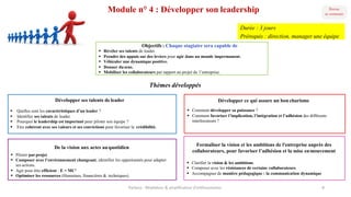 Module n° 4 : Développer son leadership
Formaliser la vision et les ambitions de l'entreprise auprès des
collaborateurs, p...