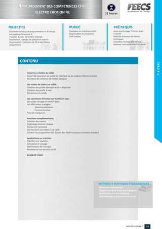 Optimiser les temps de programmation et d’usinage
sur machine d’érosion à fil
Automatiser l’usinage de poinçon et matrice
Personnaliser l’utilisation du PP et des fichiers
75www.feecs-usinage.fr
CFAOFILCFAOFIL
 
