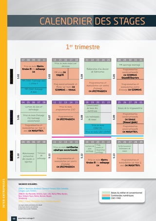 INTER-ENTREPRISES
98 www.feecs-usinage.fr
CALENDRIER DES STAGES
VACANCES SCOLAIRES :
ZONE A : Besançon, Bordeaux, Clermont-Ferrand, Dijon, Grenoble,
Limoges, Lyon, Poitiers.
ZONE B : Aix-Marseille, Amiens, Caen, Lille, Nancy-Metz, Nantes,
Nice, Orléans-Tours, Reims, Rennes, Rouen,
Str­­­asbourg.
ZONE C : Créteil, Montpellier, Paris, Toulouse, Versailles.
Les congés scolaires sont donnés à titre indicatif
et sous toutes réserves, sont conformes
au projet connu à la date d’impression.
JANVIERJANVIER
S.02
07 08 09 10 11
S.03
14 15 16 17 18
S.04
21 22 23 24 25
S.05
28 29 30 31 01
Prise en main Electro
Erosion fil OU enfonçage
CN
Prise en main coupe par
abrasion
Élaboration d'un dossier
de fabrication
PM ajustage montage
PM prog CN
FAGOR
Programmation
conversationnelle
CN SIEMENS
Shopmill/Shopturn
PM CFAO Tournage axes
C et/ou Y Prog conversationnelle et
Manip sur tours CN
SIEMENS ou FANUC
Programmation et
manipulation sur centre
d'usinage
CN HEIDENHAIN
Programmation et
manipulation centre
d'usinage CN SIEMENSPM CFAO fraisage
4 axes
FEVRIERFEVRIER
S.06
04 05 06 07 08
S.07
11 12 13 14 15
S.08
18 19 20 21 22
S.09
25 26 27 28 01
Lecture de plan et
métrologie
Prise en main
programmation ISO
Connaissance
de base des
matériaux
Bases de la trigonométrie
Prise en main fraisage
OU tournage
conventionnel
Programmation
CN HEIDENHAIN
Les techniques
de coupe
Programmation
conversationnelle
CN FANUC
(Manual Guide)
Programmation et
manipulation sur tour 2
axes CN MAZATROL
Prise en main
CFAO Fil
Programmation
conversationnelle
CN MAZATROLPrise en main CAO 2D/3D
MARSMARS
S.10
04 05 06 07 08
S.11
11 12 13 14 15
S.12
18 19 20 21 22
S.13
25 26 27 28 29
Maintenance
préventive
des moules à
injection
Techniques
de
polissage
Prise en main rectification
cylindrique conventionnelle
Lecture de
plan
outillage
Diag
panne et
réparation
outillage
Perfectionnement
techniques de
coupe
Programmation et
manipulation sur centre
d'usinage
CN HEIDENHAIN
Prise en main Electro
Erosion fil OU enfonçage
CN
Programmation et
manipulation sur tour 2
axes CN MAZATROL
1er trimestre 2019
1er
trimestre
 