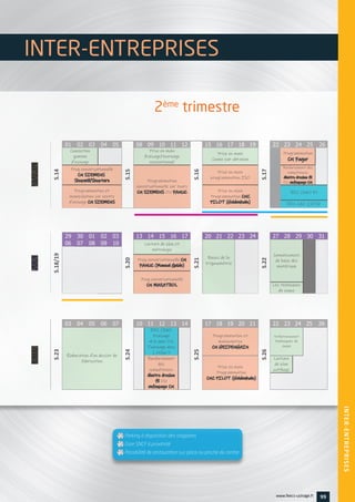 AVRIL
S.14
01 02 03 04 05
S.15
08 09 10 11 12
S.16
15 16 17 18 19
S.17
22 23 24 25 26
Conception
gamme
d'usinage
Prise en main
fraisage/tournage
conventionnel
Prise en main
Coupe par abrasion
Programmation
CN Fagor
Prog conversationnelle
CN SIEMENS
Shopmill/Shopturn Programmation
conversationnelle sur tours
CN SIEMENS OU FANUC
Prise en main
programmation ISO
Renforcement des
compétences
électro érosion fil
OU enfonçage CN
Programmation et
manipulation sur centre
d'usinage CN SIEMENS
Prise en main
Programmation CNC
PILOT (Heidenhain)
RDC CFAO Fil
RDC CAO 2D/3D
MAI
S.18/19
29 30 01 02 03
S.20
13 14 15 16 17
S.21
20 21 22 23 24
S.22
27 28 29 30 31
06 07 08 09 10 Lecture de plan et
métrologie
Bases de la
trigonométrie
Connaissances
de base des
matériaux
Prog conversationnelle CN
FANUC (Manual Guide)
Prog conversationnelle
CN MAZATROL Les techniques
de coupe
JUINJUIN
S.23
03 04 05 06 07
S.24
10 11 12 13 14
S.25
17 18 19 20 21
S.26
22 23 24 25 26
Élaboration d'un dossier de
fabrication
RDC CFAO
Fraisage
4-5 axes OU
Tournage axes
C et/ou Y
Programmation et
manipulation
CN HEIDENHAIN
Perfectionnement
techniques de
coupe
Renforcement
des
compétences
électro érosion
fil OU
enfonçage CN
Prise en main
Programmation
CNC PILOT (Heidenhain)
Lecture
de plan
outillage
2ème trimestre 2019
INTER-ENTREPRISES
99www.feecs-usinage.fr
INTER-ENTREPRISES
2ème
trimestre
 Parking à disposition des stagiaires
 Gare SNCF à proximité
 Possibilité de restauration sur place ou proche du centre
 