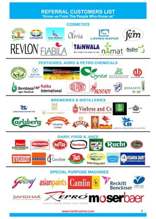 www.harikrushna.com 7
COSMETICS
PESTICIDES, AGRO & PETRO CHEMICALS
BREWERIES & DISTILLERIES
SPECIAL PURPOSE MACHINES
DAIRY, FOOD & JUICE
REFERRAL CUSTOMERS LIST
“Know us From The People Who Know us”
 