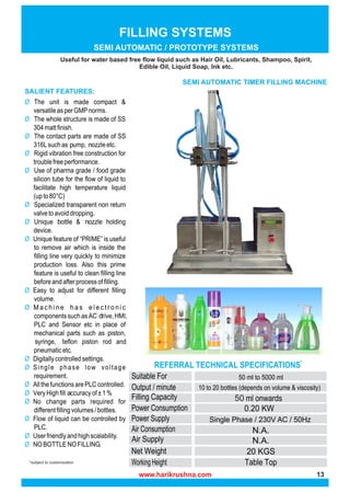 www.harikrushna.com
*subject to customization
SEMI AUTOMATIC TIMER FILLING MACHINE
Useful for water based free flow liquid such as Hair Oil, Lubricants, Shampoo, Spirit,
Edible Oil, Liquid Soap, Ink etc.
FILLING SYSTEMS
SEMI AUTOMATIC / PROTOTYPE SYSTEMS
REFERRAL TECHNICAL SPECIFICATIONS*
10 to 20 bottles (depends on volume & viscosity)
50 ml to 5000 ml
Single Phase / 230V AC / 50Hz
50
www.harikrushna.com 13
 
