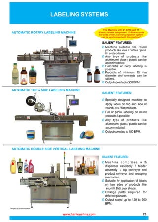 LABELING SYSTEMS
AUTOMATIC TOP & SIDE LABELING MACHINE
AUTOMATIC DOUBLE SIDE VERTICAL LABELING MACHINE
AUTOMATIC ROTARY LABELING MACHINE
The Machine with 21 CFR part 11
“Fixed / variable data printer / 2D-Pharma code
bar code printer, scanner & rejection system
can be synchronized with this machine”
www.harikrushna.com 28
 