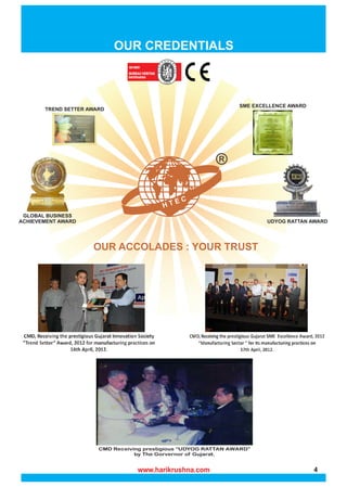 H T E C
R
OUR CREDENTIALS
OUR ACCOLADES : YOUR TRUST
CMD Receiving prestigious “UDYOG RATTAN AWARD”
by The Gorvernor of Gujarat.
UDYOG RATTAN AWARD
SME EXCELLENCE AWARD
TREND SETTER AWARD
GLOBAL BUSINESS
ACHIEVEMENT AWARD
www.harikrushna.com 4
 