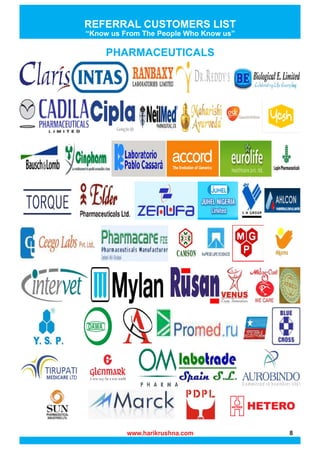 PHARMACEUTICALS
www.harikrushna.com 8
REFERRAL CUSTOMERS LIST
“Know us From The People Who Know us”
 