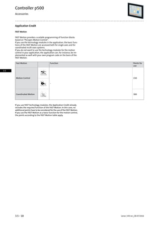 Application Credit
FAST Motion
FAST Motion provides a scalable programming of function blocks
based on PLCopen Motion Control.
If you use the technology modules in the application, the basic func-
tions of the FAST Motion are accessed both for single axes and for
coordinated multi-axes systems.
If you do not want to use the technology modules for the motion
control in your application, the application can, for instance, be im-
plemented as well with your own program code on the basis of the
FAST Motion.
Points for
use
FunctionFast Motion
150
-
Motion Control
300Coordinated Motion
If you use FAST technology modules, the Application Credit already
includes the required function of the FAST Motion. In this case, no
additionalpointshavetobeconsideredfortheuseoftheFASTMotion.
If you use the FAST Motion as a basic function for the motion control,
the points according to the FAST Motion table apply.
Lenze | V03-en_GB-07/20163.5 - 18
Controller p500
Accessories
3.5
 