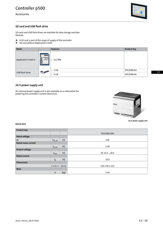 SD card and USB flash drive
SD cards and USB flash drives are available for data storage and data
backups.
ƒ A SD card is part of the scope of supply of the controller.
ƒ SD card without Application Credit.
Product keyFeaturesMode
Application Credit 0 • 512 MB
EPCZEMUS4
USB flash drive
• 1 GB
EPCZEMUS6• 4 GB
24 V power supply unit
An external power supply unit is also available as an alternative for
powering the controller's control electronics.
24 V power supply unit
Rated data
Product key
EZV2400-000
Rated voltage
230[V]UN, ACAC
Rated mains current
1.20[A]IN, AC
Output voltage
DC 22.5 ...28.5[V]Uout
Rated current
10.0[A]IN
Dimensions
130 x 85 x 125[mm]h x b x t
Mass
1.24[kg]m
3.5 - 19Lenze | V03-en_GB-07/2016
Controller p500
Accessories
3.5
 