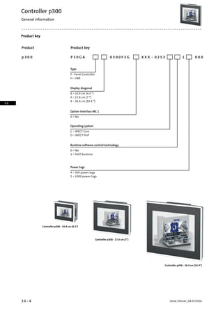 Product key
P 3 0 G A X X X - 0 2 S 3 1p 3 0 0 0 3 0 0 F 3 G 0 0 0
Product
Option interface MC 1
Runtime software control technology
Product key
Display diagonal
0 − No
0 − No
3 − FAST Runtime
8 − 10.9 cm (4.3 “)
9 − 17.8 cm (7 “)
4 − 26.4 cm (10.4 “)
4 − 500 power tags
5 − 1000 power tags
Power tags
P - Panel Controller
H - HMI
Type
C − WEC7 Core
D − WEC7 Prof
Operating system
Controller p300 - 17.8 cm (7)
Controller p300 - 10.9 cm (4.3)
Controller p300 - 26.4 cm (10.4)
Lenze | V02-en_GB-07/20163.6 - 4
Controller p300
General information
3.6
 