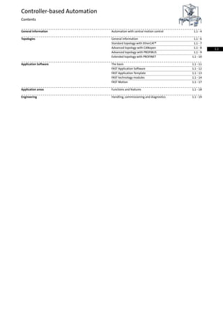 1.1 - 4Automation with central motion controlGeneral information
1.1 - 6General informationTopologies
1.1 - 7Standard topology with EtherCAT®
1.1 - 8Advanced topology with CANopen
1.1 - 9Advanced topology with PROFIBUS
1.1 - 10Extended topology with PROFINET
1.1 - 11The basisApplication Software
1.1 - 12FAST Application Software
1.1 - 13FAST Application Template
1.1 - 14FAST technology modules
1.1 - 17FAST Motion
1.1 - 18Functions and featuresApplication areas
1.1 - 19Handling, commissioning and diagnosticsEngineering
Controller-based Automation
Contents
1.1
 