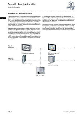 Automation with central motion control
In Europe alone, customers have access to a network of over 100
highly-qualified application engineers with extensive expert know-
Complexmachinessuchasrobots,packagingmachinesandhandling
systems require a powerfu, uniform and end-to-end automation
ledge and sector expertise. All-around service, training sessions andsystem with a central control system. This allows coordinated move-
a helpline that can be accessed from anywhere in the world round
off our portfolio of services.
mentofmanyaxesandisalsocapableofperformingcontrolfunctions
for a linear process. For project engineers, the central architecture
offers the additional advantage that only one control program has
Components in Lenze's Controller-based Automation system include
the controllers, a wide range of inverters with matching standard
to be developed and managed. We call this Controller-based Automa-
tion for central motion control.
three-phase AC motors, as well as synchronous servo motors and
asynchronous servo motor, each of which can be combined with
varioustypesofgearboxesallthewayuptodecentralisedI/Osystems.
To address the increasing complexity of your automation tasks effi-
ciently and cost-effectively, alongside a uniform, end-to-end automa-
tion system you also expect your automation supplier to provide you
with advanced engineering tools and, if necessary, qualified support.
Lenze offers you experienced experts in sales and support that can
help you, whatever issues you are experiencing. No matter whether
you are seeking support for project planning, dimensioning, selecting
the right components or programming a mechatronic solution, we
are here to help.
Lenze | V03-en_GB-07/20161.1 - 4
Controller-based Automation
General information
1.1
 