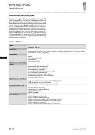 Dimensioning of a multi-axis system
Drive dimensioning of multi-axis systems with Servo-Inverters i700
can be easily carried out using the DSD (Drive Solution Designer) en-
gineeringtool.ThistoolcanbedownloadedfromtheLenzehomepage
(http://www.lenze.com/download/software-downloads).Itconsiders
various, frequently recurring applications, the ambient conditions
and the entire mechatronic system and their operating mode as for
instance coordinated or uncoordinated multi-axis operation with
energy exchange in the DC-bus system. It provides comprehensible
dimensioning protocols and an Energy Performance Certificate for
the axes and for the multi-axis system. The Energy Performance Cer-
tificate clearly displays the energy efficiency of all drive components
under the given operation modes and provides potential for energy
optimisations for entire plants.
Functions and features
Mode
Engineering Tool DSD
Applications
Comprehensive applications as for instance linear and rotating drives, positioning-, wheel, hoist and syn-
chronous drives, winders, pumps, fans, …
Components
Inverter
Motors (brake, feedback)
Geared motors
Power supply modules
Check of components and drive
system
Monitoring functions of the inverters
Maximum limits of the components
Product data in the applications
Consideration and check of the entire drive system
Limit loads (electrical/mechanical)
M-n characteristic fields and system checks
Possible combinations of the drive components
Losses and energy efficiency
Optimisation and evaluation
Energy consumption of the components and of the application
Energy exchange in multi-axis applications
Representation of working points, e.g. as characteristic
Presentation of the result
Evaluation of the dimensioning
Representation of energy consumption
Logging of dimensioning
Creating CAD data
Basic functions
Metric and imperial unit systems
Intuitive interfaces with simple dialogs
Comprehensive online help with physical basics and overviews
Fast and easy drive dimensioning and product configuration
Editor for the motion sequence
Creating alternative solutions with comparison operations
Lenze | V04-en_GB-06/20154.5 - 10
Servo-Inverter i700
General information
4.5
 