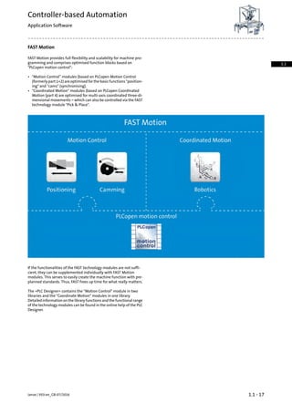 FAST Motion
FAST Motion provides full flexibility and scalability for machine pro-
gramming and comprises optimised function blocks based on
"PLCopen motion control":
• "Motion Control” modules (based on PLCopen Motion Control
(formerly part 1+2) are optimised for the basic functions "position-
ing" and "cams" (synchronising).
• "Coordinated Motion" modules (based on PLCopen Coordinated
Motion (part 4) are optimised for multi-axis coordinated three-di-
mensional movements – which can also be controlled via the FAST
technology module "Pick & Place".
If the functionalities of the FAST technology modules are not suffi-
cient, they can be supplemented individually with FAST Motion
modules. This serves to easily create the machine function with pre-
planned standards. Thus, FAST frees up time for what really matters.
The »PLC Designer« contains the "Motion Control" module in two
libraries and the "Coordinate Motion" modules in one library.
Detailedinformationonthelibraryfunctionsandthefunctionalrange
of the technology modules can be found in the online help of the PLC
Designer.
1.1 - 17Lenze | V03-en_GB-07/2016
Controller-based Automation
Application Software
1.1
 
