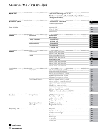 Lenze makes many things easy for you.About Lenze
A matter of principle: the right products for every application.
L-force product portfolio
1.1Controller-based AutomationAutomation systems
1.2Drive-based automation
2.1HighLine tasksDrive solutions
2.2StateLine tasks
2.3BaseLine tasks
3.1Panel PC v800VisualisationControls
3.2Monitor v200
3.3Controller 3200 CCabinet Controllers
3.4Controller c300
3.5Controller p500Panel Controllers
3.6Controller p300
3.7I/O System 1000'
4.1Inverter Drives 8400 protecDecentralisedInverter
4.2Inverter Drives 8400 motec
4.3Servo Drives 9400 HighLineCabinet
4.4Inverter Drives 8400 TopLine
4.5Servo-Inverter i700
4.6Inverter Drives 8400 HighLine
4.7Inverter Drives 8400 StateLine
4.8Inverter Drives 8400 BaseLine
5.1MCS synchronous servo motorsServo motorsMotors
5.2MCM synchronous servo motors
5.3MD☐KS synchronous servo motors
5.4MQA asynchronous servo motors
5.5MCA asynchronous servo motors
5.6IE3 three-phase AC motors m550-PThree-phase AC motors
5.7Inverter opt. three-phase AC motors MF
5.8IE2 MH three-phase AC motors
5.9IE1 MD three-phase AC motors
5.10Lenze Smart Motor m300
5.11IE3 three-phase AC motors m240-P
5.12IE1/2 three-phase AC motors Basic MD/MH
6.1g700-P planetary gearboxAxial gearboxesGearboxes
6.2MPR/MPG planetary gearboxes
6.3g500-H helical gearboxes
6.4g500-S shaft-mounted helical gearbox
6.5g500-B bevel gearboxRight-angle gearboxes
6.6Assignment see aboveMotor data
7.1NavigatorEngineering Tools
7.2Drive Solution Designer
7.3Drive Solution Catalogue
7.4Engineer
7.5PLC Designer
7.6VisiWinNET®
7.7EASY Starter
Selected portfolio
Additional portfolio
Contents of the L-force catalogue
 