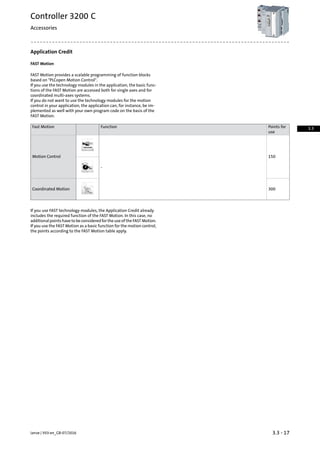 Application Credit
FAST Motion
FAST Motion provides a scalable programming of function blocks
based on PLCopen Motion Control.
If you use the technology modules in the application, the basic func-
tions of the FAST Motion are accessed both for single axes and for
coordinated multi-axes systems.
If you do not want to use the technology modules for the motion
control in your application, the application can, for instance, be im-
plemented as well with your own program code on the basis of the
FAST Motion.
Points for
use
FunctionFast Motion
150
-
Motion Control
300Coordinated Motion
If you use FAST technology modules, the Application Credit already
includes the required function of the FAST Motion. In this case, no
additionalpointshavetobeconsideredfortheuseoftheFASTMotion.
If you use the FAST Motion as a basic function for the motion control,
the points according to the FAST Motion table apply.
3.3 - 17Lenze | V03-en_GB-07/2016
Controller 3200 C
Accessories
3.3
 