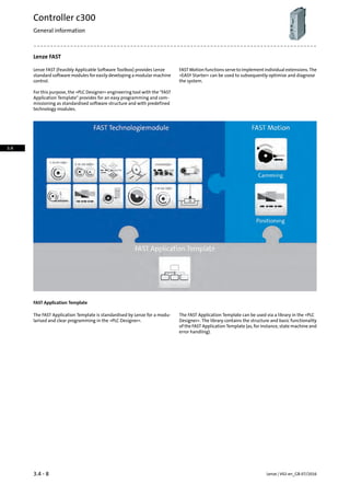 Lenze FAST
FAST Motion functions serve to implement individual extensions. The
»EASY Starter« can be used to subsequently optimise and diagnose
the system.
Lenze FAST (Feasibly Applicable Software Toolbox) provides Lenze
standard software modules for easily developing a modular machine
control.
For this purpose, the »PLC Designer« engineering tool with the FAST
Application Template provides for an easy programming and com-
missioning as standardised software structure and with predefined
technology modules.
FAST Application Template
The FAST Application Template can be used via a library in the »PLC
Designer«. The library contains the structure and basic functionality
The FAST Application Template is standardised by Lenze for a modu-
larised and clear programming in the »PLC Designer«.
of the FAST Application Template (as, for instance, state machine and
error handling).
Lenze | V02-en_GB-07/20163.4 - 8
Controller c300
General information
3.4
 