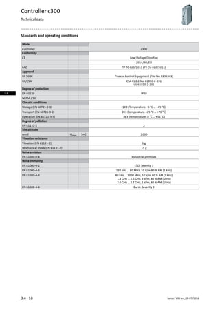 Standards and operating conditions
Mode
c300Controller
Conformity
Low-Voltage DirectiveCE
2014/30/EU
TP TC 020/2011 (TR CU 020/2011)EAC
Approval
Process Control Equipment (File-No. E236341)UL 508C
CSA C22.2 No. 61010-2-201UL/CSA
UL 61010-2-201
Degree of protection
IP20EN 60529
NEMA 250
Climatic conditions
1K3 (Temperature: -5 °C ... +45 °C)Storage (EN 60721-3-1)
2K3 (temperature: -25 °C ... +70 °C)Transport (EN 60721-3-2)
3K3 (temperature: 0 °C ... +55 °C)Operation (EN 60721-3-3)
Degree of pollution
2EN 61131-2
Site altitude
2000[m]HmaxAmsl
Vibration resistance
1 gVibration (EN 61131-2)
15 gMechanical shock (EN 61131-2)
Noise emission
Industrial premisesEN 61000-6-4
Noise immunity
ESD: Severity 3EN 61000-4-2
150 kHz ... 80 MHz, 10 V/m 80 % AM (1 kHz)EN 61000-4-6
80 kHz ... 1000 MHz, 10 V/m 80 % AM (1 kHz)EN 61000-4-3
1.4 GHz ... 2.0 GHz, 3 V/m, 80 % AM (1kHz)
2.0 GHz ... 2.7 GHz, 1 V/m, 80 % AM (1kHz)
Burst: Severity 3EN 61000-4-4
Lenze | V02-en_GB-07/20163.4 - 10
Controller c300
Technical data
3.4
 