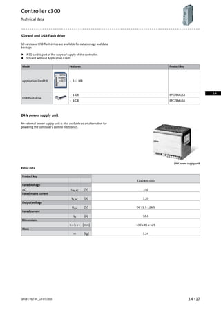 SD card and USB flash drive
SD cards and USB flash drives are available for data storage and data
backups.
ƒ A SD card is part of the scope of supply of the controller.
ƒ SD card without Application Credit.
Product keyFeaturesMode
Application Credit 0 • 512 MB
EPCZEMUS4
USB flash drive
• 1 GB
EPCZEMUS6• 4 GB
24 V power supply unit
An external power supply unit is also available as an alternative for
powering the controller's control electronics.
24 V power supply unit
Rated data
Product key
EZV2400-000
Rated voltage
230[V]UN, ACAC
Rated mains current
1.20[A]IN, AC
Output voltage
DC 22.5 ...28.5[V]Uout
Rated current
10.0[A]IN
Dimensions
130 x 85 x 125[mm]h x b x t
Mass
1.24[kg]m
3.4 - 17Lenze | V02-en_GB-07/2016
Controller c300
Technical data
3.4
 