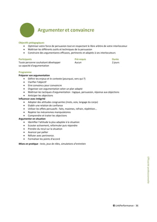 © LinkPerformance - 36
Objectifs pédagogiques
 Optimiser votre force de persuasion tout en respectant le libre arbitre de votre interlocuteur
 Maîtriser les différents outils et techniques de la persuasion
 Construire des argumentaires efficaces, pertinents et adaptés à ses interlocuteurs
Participants Pré-requis Durée
Toute personne souhaitant développer Aucun 2 jours
sa capacité d'argumentation
Programme
Préparer son argumentation
 Définir les enjeux et le contexte (pourquoi, vers qui ?)
 Clarifier l'objectif
 Etre convaincu pour convaincre
 Organiser son argumentation selon un plan adapté
 Maîtriser les tactiques d'argumentation : logique, persuasion, réponse aux objections
 Anticiper les objections
Influencer avec intégrité
 Adopter des attitudes congruentes (mots, voix, langage du corps)
 Etablir une relation de confiance
 Utiliser les effets persuasifs : faits, maximes, refrain, répétition...
 Repérer les mécanismes manipulatoires
 Comprendre et traiter les objections
Argumenter en situation
 Identifier l'attitude la plus adaptée à la situation
 Ecouter activement, reformuler puis répondre
 Prendre du recul sur la situation
 Avancer par pallier
 Réfuter avec pertinence.
 Formaliser les points d'accord
Mises en pratique : tests, jeux de rôles, simulations d’entretien
Efficacitéprofessionnelle
 