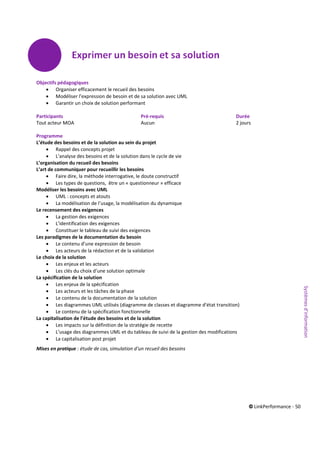 © LinkPerformance - 50
Objectifs pédagogiques
 Organiser efficacement le recueil des besoins
 Modéliser l’expression de besoin et de sa solution avec UML
 Garantir un choix de solution performant
Participants Pré-requis Durée
Tout acteur MOA Aucun 2 jours
Programme
L’étude des besoins et de la solution au sein du projet
 Rappel des concepts projet
 L’analyse des besoins et de la solution dans le cycle de vie
L’organisation du recueil des besoins
L’art de communiquer pour recueillir les besoins
 Faire dire, la méthode interrogative, le doute constructif
 Les types de questions, être un « questionneur » efficace
Modéliser les besoins avec UML
 UML : concepts et atouts
 La modélisation de l’usage, la modélisation du dynamique
Le recensement des exigences
 La gestion des exigences
 L’identification des exigences
 Constituer le tableau de suivi des exigences
Les paradigmes de la documentation du besoin
 Le contenu d’une expression de besoin
 Les acteurs de la rédaction et de la validation
Le choix de la solution
 Les enjeux et les acteurs
 Les clés du choix d’une solution optimale
La spécification de la solution
 Les enjeux de la spécification
 Les acteurs et les tâches de la phase
 Le contenu de la documentation de la solution
 Les diagrammes UML utilisés (diagramme de classes et diagramme d’état transition)
 Le contenu de la spécification fonctionnelle
La capitalisation de l’étude des besoins et de la solution
 Les impacts sur la définition de la stratégie de recette
 L’usage des diagrammes UML et du tableau de suivi de la gestion des modifications
 La capitalisation post projet
Mises en pratique : étude de cas, simulation d’un recueil des besoins
Systèmesd’information
 