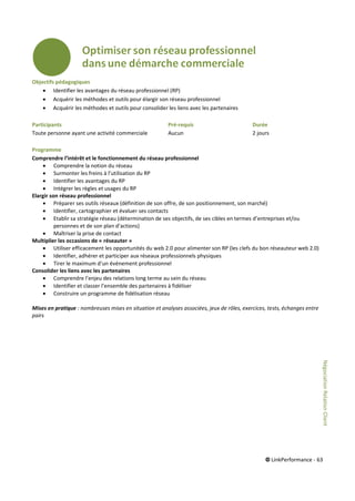 © LinkPerformance - 63
Objectifs pédagogiques
 Identifier les avantages du réseau professionnel (RP)
 Acquérir les méthodes et outils pour élargir son réseau professionnel
 Acquérir les méthodes et outils pour consolider les liens avec les partenaires
Participants Pré-requis Durée
Toute personne ayant une activité commerciale Aucun 2 jours
Programme
Comprendre l’intér t et le fonctionnement du réseau professionnel
 Comprendre la notion du réseau
 Surmonter les freins à l’utilisation du RP
 Identifier les avantages du RP
 Intégrer les règles et usages du RP
Elargir son réseau professionnel
 Préparer ses outils réseaux (définition de son offre, de son positionnement, son marché)
 Identifier, cartographier et évaluer ses contacts
 Etablir sa stratégie réseau (détermination de ses objectifs, de ses cibles en termes d’entreprises et/ou
personnes et de son plan d’actions)
 Maîtriser la prise de contact
Multiplier les occasions de réseauter »
 Utiliser efficacement les opportunités du web 2.0 pour alimenter son RP (les clefs du bon réseauteur web 2.0)
 Identifier, adhérer et participer aux réseaux professionnels physiques
 Tirer le maximum d’un événement professionnel
Consolider les liens avec les partenaires
 Comprendre l’enjeu des relations long terme au sein du réseau
 Identifier et classer l’ensemble des partenaires à fidéliser
 Construire un programme de fidélisation réseau
Mises en pratique : nombreuses mises en situation et analyses associées, jeux de rôles, exercices, tests, échanges entre
pairs
NégociationRelationClient
 