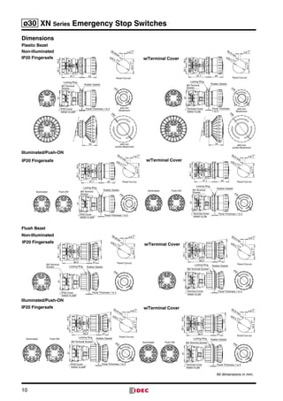 ø30 XN Series Emergency Stop Switches
10
Dimensions
Non-illuminated
Illuminated/Push-ON
Plastic Bezel
IP20 Fingersafe
3347.7
20.118.537
ø40
33.0
+0.5
0
4.8
+0.2
0
ø30.5
R0.8max.
+0.5
0
Panel Cut-out
Panel Thickness 1 to 5IP20 Cover
XW9Z-VL2MF
ø40 mm
Mushroom
ø60 mm
Jumbo Mushroom
33
ø60
Rubber Gasket
Locking Ring
M3 Terminal
Screws
3347.7
20.118.5
ø40
Panel Thickness
1 to 5
37
Terminal Cover
XW9Z-VL2M
Rubber Gasket
Locking Ring
M3 Terminal
Screws
33.0
+0.5
0
4.8
+0.2
0
R0.8 max.ø30.5 +0.5
0
Panel Cut-out
ø40 mm
Mushroom
ø60 mm
Jumbo Mushroom
33
ø60
Push-ONIlluminated
3347.7
20.118.537
33.0
+0.5
0
4.8
+0.2
0
R0.8 max.ø30.5 +0.5
0
Panel Cut-out
Rubber Gasket
Locking Ring
M3 Terminal
Screws
IP20 Cover
XW9Z-VL2MF
Panel Thickness 1 to 5
ø40
Push-ONIlluminated
3347.7
20.118.537
33.0
+0.5
0
4.8
+0.2
0
R0.8 max.ø30.5 +0.5
0
Panel Cut-out
Panel Thickness 1 to 5Terminal Cover
XW9Z-VL2M
Rubber Gasket
Locking Ring
M3 Terminal
Screws ø40
w/Terminal Cover
w/Terminal CoverIP20 Fingersafe
Non-Illuminated
All dimensions in mm.
Flush Bezel
IP20 Fingersafe
w/Terminal Cover
Illuminated/Push-ON
IP20 Fingersafe w/Terminal Cover
ø40
33.0
+0.5
0
4.8
+0.2
0
ø30.5
R0.8max.
+0.5
0
Panel Cut-out
ø41
2160.4
20.118.5
Panel Thickness 1 to 5
37
Rubber GasketLocking Ring
M3 Terminal
Screws
IP20 Cover
XW9Z-VL2MF
ø41
2160.4
20.118.537
ø40
33.0
+0.5
0
4.8
+0.2
0
ø30.5
R0.8 max.
+0.5
0
Panel Cut-out
Panel Thickness 1 to 5Terminal Cover
XW9Z-VL2M
Rubber GasketLocking Ring
M3 Terminal Screws
Push-ONIlluminated
ø41
2160.4
20.118.537
Rubber GasketLocking Ring
M3 Terminal Screws ø40
33.0
+0.5
0
4.8
+0.2
0
ø30.5
R0.8 max.
+0.5
0
Panel Cut-out
Panel Thickness 1 to 5Terminal Cover
XW9Z-VL2M
Push-ONIlluminated
ø40
ø41
2160.4
20.118.537
33.0
+0.5
0
4.8
+0.2
0
ø30.5
R0.8 max.
+0.5
0
Panel Cut-out
Panel Thickness 1 to 5IP20 Cover
XW9Z-VL2MF
Rubber GasketLocking Ring
M3 Terminal Screws
 