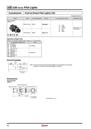 30
ø30 ø30 Series Pilot Lights
Incandescent Push-to-Check Pilot Lights (1W)
Package Quantity: 1
Shape Lamp Lamp Receptacle Part No. ➁ Lens/LED Color Code Applicable Lamp
Push-to-Check
APN1∗P
Without Lamp BA9S APN199P➁
C:	clear
G:	green
O:	orange
R:	red
S:	blue
W:	white
See pages 17 to
18 for lamps.
Incandescent BA9S APN1➂P➁
Operating Voltage Code
Specify an operating voltage code in place of ➂ in the Part No.
➂ Operating Voltage Code Input
66:	 6V AC/DC
88:	 12V AC/DC
33:	 24V AC/DC
Full voltage
16:	 100/110V AC
126:	120V AC
26:	 200/220V AC
246:	240V AC
386:	380V AC
46:	 400/440V AC
486:	480V AC
Transformer
Circuit Example
Dimensions
M
L
STOP
START
OLS
Push-to-Check
Pilot Light
M
Note:	 The lamp of the push-to-check pilot light is not connected to the contact
terminal. To connect, refer to the diagram on the left.
M3 Lamp Terminal Screw
M3.5 Terminal Screw M3.5 Terminal
Screw
40
ø35
36
6 23
B: 96.5 23.5
A: 62.5
Panel Thickness 0.8 to 7.5
All dimensions in mm.
Push-to-Check
APN1∗P
A: Full voltage
B: Transformer
 