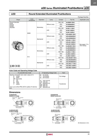 31
ø30 Series Illuminated Pushbuttons ø30
LED Round Extended Illuminated Pushbuttons
Package Quantity: 1
Shape
Lamp
Receptacle
Operation Lamp Contact Part No. Applicable Lamp
Round Extended
ALN2
AOLN2
ALNE2
AOLNE2
BA9S
Momentary
Without Lamp
1NO-1NC ALN29911DN➁
See pages 17 to
18 for lamps.
2NO ALN29920DN➁
2NC ALN29902DN➁
LED
1NO-1NC ALN2➂11DN➁
2NO ALN2➂20DN➁
2NC ALN2➂02DN➁
Maintained
Without Lamp
1NO-1NC AOLN29911DN➁
2NO AOLN29920DN➁
2NC AOLN29902DN➁
LED
1NO-1NC AOLN2➂11DN➁
2NO AOLN2➂20DN➁
2NC AOLN2➂02DN➁
E12
Momentary
Without Lamp
1NO-1NC ALNE29911DN➁
2NO ALNE29920DN➁
2NC ALNE29902DN➁
LED
1NO-1NC ALNE2➂11DN➁
2NO ALNE2➂20DN➁
2NC ALNE2➂02DN➁
Maintained
Without Lamp
1NO-1NC AOLNE29911DN➁
2NO AOLNE29920DN➁
2NC AOLNE29902DN➁
LED
1NO-1NC AOLNE2➂11DN➁
2NO AOLNE2➂20DN➁
2NC AOLNE2➂02DN➁
Color Code and Operating Voltage Code
➁ Lens/LED Color Code ➂ Operating Voltage Code Input
Specify a lens/LED color code in place of ➁.
A:	amber
G:	green
PW:	 pure white
R:	red
S:	blue
W:	white
Y:	yellow
Use a pure white (PW) LED for yellow (Y) illumina-
tion.
66:	 6V AC/DC
11:	 12V AC/DC
22:	 24V AC/DC
Full voltage
16:	 100/110V AC
126:	120V AC
26:	 200/220V AC
246:	240V AC
386:	380V AC
46:	 400/440V AC
Transformer
Dimensions
86 (4 blocks)
63 (2 blocks)
9
23.5
Panel Thickness 0.8 to 7.5
5.5 23
ø35
ø24
M3 Terminal
Screw
M3.5 Terminal
Screw
ø40
40
M3.5 Terminal
Screws
97.5 (2 blocks)
120.5 (4 blocks)
923
Panel Thickness 0.8 to 7.5
ø24
ø35
23.5
ø40
40
100.5 (4 blocks)
77.5 (2 blocks)
9
20
Panel Thickness 0.8 to 7.5
5.5 23
ø35
ø24
M3 Terminal
Screw
M3.5 Terminal
Screw
ø40
40
M3.5 Terminal
Screws
112 (2 blocks)
135 (4 blocks)
923
Panel Thickness 0.8 to 7.5
ø24
ø35
ø40
40
20
ALN2/AOLN2
BA9S/Full Voltage
ALN2/AOLN2
BA9S/Transformer
ALNE2/AOLNE2
E12/Full Voltage
ALNE2/AOLNE2
E12/Transformer
All dimensions in mm.
ø30ø30
 