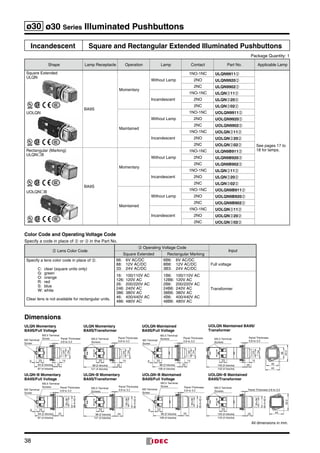 38
ø30 ø30 Series Illuminated Pushbuttons
Incandescent Square and Rectangular Extended Illuminated Pushbuttons
Package Quantity: 1
Shape Lamp Receptacle Operation Lamp Contact Part No. Applicable Lamp
Square Extended
ULQN
UOLQN
BA9S
Momentary
Without Lamp
1NO-1NC ULQN9911➁
See pages 17 to
18 for lamps.
2NO ULQN9920➁
2NC ULQN9902➁
Incandescent
1NO-1NC ULQN➂11➁
2NO ULQN➂20➁
2NC ULQN➂02➁
Maintained
Without Lamp
1NO-1NC UOLQN9911➁
2NO UOLQN9920➁
2NC UOLQN9902➁
Incandescent
1NO-1NC UOLQN➂11➁
2NO UOLQN➂20➁
2NC UOLQN➂02➁
Rectangular (Marking)
ULQNB
UOLQNB
BA9S
Momentary
Without Lamp
1NO-1NC ULQN9B911➁
2NO ULQN9B920➁
2NC ULQN9B902➁
Incandescent
1NO-1NC ULQN➂11➁
2NO ULQN➂20➁
2NC ULQN➂02➁
Maintained
Without Lamp
1NO-1NC UOLQN9B911➁
2NO UOLQN9B920➁
2NC UOLQN9B902➁
Incandescent
1NO-1NC UOLQN➂11➁
2NO UOLQN➂20➁
2NC UOLQN➂02➁
Color Code and Operating Voltage Code
Specify a code in place of ➁ or ➂ in the Part No.
➁ Lens Color Code
➂ Operating Voltage Code
Input
Square Extended Rectangular Marking
Specify a lens color code in place of ➁.
C:	 clear (square units only)
G:	green
O:	orange
R:	red
S:	blue
W:	white
Clear lens is not available for rectangular units.
66:	 6V AC/DC
88:	 12V AC/DC
33:	 24V AC/DC
6B6:	 6V AC/DC
8B8:	 12V AC/DC
3B3:	 24V AC/DC
Full voltage
16:	 100/110V AC
126:	120V AC
26:	 200/220V AC
246:	240V AC
386:	380V AC
46:	 400/440V AC
486:	480V AC
1B6:	 100/110V AC
12B6:	 120V AC
2B6:	 200/220V AC
24B6:	 240V AC
38B6:	 380V AC
4B6:	 400/440V AC
48B6:	 480V AC
Transformer
Dimensions
M3.5 Terminal
Screws
120 (2 blocks)
143 (4 blocks)
23
Panel Thickness 0.8 to 3.2
25
36.4×42.4
52.2
30×36
44
36.4×42.4
30×36
109 (4 blocks)
86 (2 blocks) 25
Panel Thickness
0.8 to 3.2
6 23
M3 Terminal
Screw
M3.5 Terminal
Screw
M3.5 Terminal
Screws
98 (2 blocks)
121 (4 blocks)
23
Panel Thickness
0.8 to 3.2
25
36.4×42.4
30×36
109 (4 blocks)
86 (2 blocks) 20
Panel Thickness
0.8 to 3.2
6 23 14
34
25
M3 Terminal
Screw
M3.5 Terminal
Screws M3.5 Terminal
Screws
120 (2 blocks)
143 (4 blocks)
23
Panel Thickness
0.8 to 3.2
25
34
36
52.2
20
14
40
44
ULQN Momentary
BA9S/Full Voltage
UOLQN Maintained
BA9S/Full Voltage
UOLQN Maintained BA9S/
Transformer
87 (4 blocks)
64 (2 blocks) 25
Panel Thickness
0.8 to 3.2
6 23
36.4×42.4
30×36
M3 Terminal
Screw
M3.5 Terminal
Screws
87 (4 blocks)
64 (2 blocks) 20
Panel Thickness
0.8 to 3.2
6 23 14
34
25
M3 Terminal
Screw
M3.5 Terminal
Screw
ULQN∗B Momentary
BA9S/Full Voltage
M3.5 Terminal
Screws
98 (2 blocks)
121 (4 blocks)
23
Panel Thickness
0.8 to 3.2
25
34
20
14
ULQN∗B Momentary
BA9S/Transformer
ULQN Momentary
BA9S/Transformer
UOLQN∗B Maintained
BA9S/Transformer
UOLQN∗B Maintained
BA9S/Full Voltage
All dimensions in mm.
 