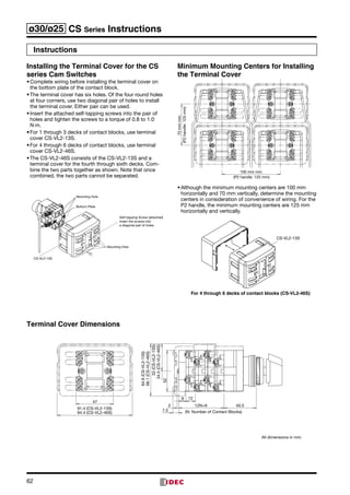 62
ø30/ø25 CS Series Instructions
Terminal Cover Dimensions
Installing the Terminal Cover for the CS
series Cam Switches
•	Complete wiring before installing the terminal cover on
the bottom plate of the contact block.
•	The terminal cover has six holes. Of the four round holes
at four corners, use two diagonal pair of holes to install
the terminal cover. Either pair can be used.
•	Insert the attached self-tapping screws into the pair of
holes and tighten the screws to a torque of 0.8 to 1.0
N·m.
•	For 1 through 3 decks of contact blocks, use terminal
cover CS-VL2-13S.
•	For 4 through 6 decks of contact blocks, use terminal
cover CS-VL2-46S.
•	The CS-VL2-46S consists of the CS-VL2-13S and a
termi­nal cover for the fourth through sixth decks. Com­
bine the two parts together as shown. Note that once
combined, the two parts cannot be separated.
CS-VL2-13S
Mounting Hole
Mounting Hole
Bottom Plate
Self-tapping Screw (attached)
Insert the screws into
a diagonal pair of holes.
Minimum Mounting Centers for Installing
the Terminal Cover
100 mm min.
(P2 handle: 125 mm)
(P2handle:125mm)
70mmmin.
•	Although the minimum mounting centers are 100 mm
hori­zontally and 70 mm vertically, determine the mounting
cen­ters in consideration of convenience of wiring. For the
P2 handle, the minimum mounting centers are 125 mm
hori­zontally and vertically.
CS-VL2-13S
For 4 through 6 decks of contact blocks (CS-VL2-46S)
47
91.4 (CS-VL2-13S)
94.4 (CS-VL2-46S)
7.5
129
52
2 40.5
(N: Number of Contact Blocks)
66.1(CS-VL2-46S)
64.6(CS-VL2-13S)
34.5(CS-VL2-46S)
33(CS-VL2-13S)
12N+9
All dimensions in mm.
Instructions
 