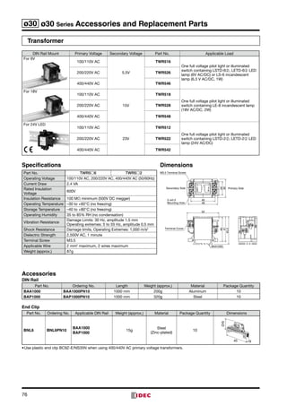 76
ø30 ø30 Series Accessories and Replacement Parts
Transformer
DIN Rail Mount Primary Voltage Secondary Voltage Part No. Applicable Load
For 6V
100/110V AC
5.5V
TWR516
One full voltage pilot light or illuminated
switch containing LSTD-6➁, LETD-6➁ LED
lamp (6V AC/DC) or LS-6 incandescent
lamp (6.3 V AC/DC, 1W)
200/220V AC TWR526
400/440V AC TWR546
For 18V
100/110V AC
15V
TWR518
One full voltage pilot light or illuminated
switch containing LE-8 incandescent lamp
(18V AC/DC, 2W)
200/220V AC TWR528
400/440V AC TWR548
For 24V LED
100/110V AC
23V
TWR512
One full voltage pilot light or illuminated
switch containing LSTD-2➁, LETD-2➁ LED
lamp (24V AC/DC)
200/220V AC TWR522
400/440V AC TWR542
Specifications
Part No. TWR56 TWR52
Operating Voltage 100/110V AC, 200/220V AC, 400/440V AC (50/60Hz)
Current Draw 2.4 VA
Rated Insulation
Voltage
600V
Insulation Resistance 100 MΩ minimum (500V DC megger)
Operating Temperature –30 to +60°C (no freezing)
Storage Temperature –40 to +80°C (no freezing)
Operating Humidity 35 to 85% RH (no condensation)
Vibration Resistance
Damage Limits: 30 Hz, amplitude 1.5 mm
Operating extremes: 5 to 55 Hz, amplitude 0.5 mm
Shock Resistance Damage limits, Operating Extremes: 1,000 m/s2
Dielectric Strength 2,500V AC, 1 minute
Terminal Screw M3.5
Applicable Wire 2 mm2
maximum, 2 wires maximum
Weight (approx.) 87g
Accessories
DIN Rail
Part No. Ordering No. Length Weight (approx.) Material Package Quantity
BAA1000 BAA1000PN10 1000 mm 200g Aluminum 10
BAP1000 BAP1000PN10 1000 mm 320g Steel 10
End Clip
Part No. Ordering No. Applicable DIN Rail Weight (approx.) Material Package Quantity Dimensions
BNL6 BNL6PN10
BAA1000
BAP1000
15g
Steel
(Zinc-plated)
10
(24)
45 9
•	Use plastic end clip BC9Z-E/NS35N when using 400/440V AC primary voltage transformers.
Dimensions
45.5
52
41
40
48
40
22
30
BAA1000
1
34
JAPAN
2PRI.
SEC.
M3.5 Terminal Screw
Terminal Cover
Secondary Side Primary Side
2–ø3.3
Mounting Hole
 