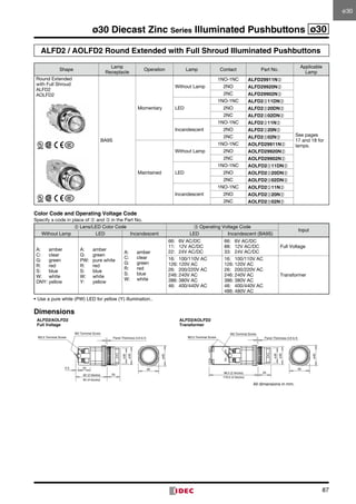 87
ø30 Diecast Zinc Series Illuminated Pushbuttons ø30
ALFD2 / AOLFD2 Round Extended with Full Shroud Illuminated Pushbuttons
Shape
Lamp
Receptacle
Operation Lamp Contact Part No.
Applicable
Lamp
Round Extended
with Full Shroud
ALFD2	
AOLFD2
BA9S
Momentary
Without Lamp
1NO-1NC ALFD29911N➁
See pages
17 and 18 for
lamps.
2NO ALFD29920N➁
2NC ALFD29902N➁
LED
1NO-1NC ALFD2➂11DN➁
2NO ALFD2➂20DN➁
2NC ALFD2➂02DN➁
Incandescent
1NO-1NC ALFD2➂11N➁
2NO ALFD2➂20N➁
2NC ALFD2➂02N➁
Maintained
Without Lamp
1NO-1NC AOLFD29911N➁
2NO AOLFD29920N➁
2NC AOLFD29902N➁
LED
1NO-1NC AOLFD2➂11DN➁
2NO AOLFD2➂20DN➁
2NC AOLFD2➂02DN➁
Incandescent
1NO-1NC AOLFD2➂11N➁
2NO AOLFD2➂20N➁
2NC AOLFD2➂02N➁
Color Code and Operating Voltage Code
Specify a code in place of ➁ and ➂ in the Part No.
➁ Lens/LED Color Code ➂ Operating Voltage Code
Input
Without Lamp LED Incandescent LED Incandescent (BA9S)
A:	 amber
C:	 clear	
G:	 green	
R:	 red	
S:	 blue	
W:	 white
DNY:	yellow
A:	 amber
G:	 green	
PW:	 pure white	
R:	 red	
S:	 blue	
W:	 white
Y:	 yellow
A:	 amber
C:	 clear	
G:	 green	
R:	 red	
S:	 blue	
W:	 white
66:	 6V AC/DC	
11:	 12V AC/DC	
22:	 24V AC/DC
66:	 6V AC/DC	
88:	 12V AC/DC	
33:	 24V AC/DC
Full Voltage
16:	 100/110V AC	
126:	120V AC	
26:	 200/220V AC	
246:	240V AC	
386:	380V AC	
46:	 400/440V AC
16:	 100/110V AC	
126:	120V AC	
26:	 200/220V AC	
246:	240V AC	
386:	380V AC	
46:	 400/440V AC
486:	480V AC
Transformer
•	Use a pure white (PW) LED for yellow (Y) illumination..
Dimensions
M3.5 Terminal
Screws
96.5 (2 blocks)
119.5 (4 blocks)
23
Panel Thickness
0.8 to 7.5
ø24.6
ø35
18.5
M3.5 Terminal Screw
M3 Terminal Screw
235.5
Panel Thickness 0.8 to 6
40
ø40
ø35
ø30
62 (2 blocks)
84 (4 blocks)
25
M3.5 Terminal Screw
M3 Terminal Screw
Panel Thickness 0.8 to 6
40
ø40
ø35
ø30
96.5 (2 blocks) 25
119.5 (4 blocks)
All dimensions in mm.
ALFD2/AOLFD2
Transformer
ALFD2/AOLFD2
Full Voltage
ø30
 