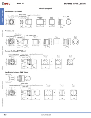 12
ø16 A6 Series Key Selector Switches
Key Selector Switches
 Package Quantity: 1
Shape Position Operation
Key Retained
at ●
Contact
Part No.
IP40 IP65
Square
AS6Q
Disc tumbler key
Wave key
90°
2-position
Maintained
A
L R SPDT AS6Q-2K1A AS6Q-2K1PA
DPDT AS6Q-2K2A AS6Q-2K2PA
B
L R SPDT AS6Q-2K1B AS6Q-2K1PB
DPDT AS6Q-2K2B AS6Q-2K2PB
C
L R SPDT AS6Q-2K1C AS6Q-2K1PC
DPDT AS6Q-2K2C AS6Q-2K2PC
Spring return from right B
L R SPDT AS6Q-21K1B AS6Q-21K1PB
DPDT AS6Q-21K2B AS6Q-21K2PB
45°
3-position
Maintained
A L
C
R
DPDT AS6Q-3K2A AS6Q-3K2PA
B
L
C
R
DPDT AS6Q-3K2B AS6Q-3K2PB
C
C
RL
DPDT AS6Q-3K2C AS6Q-3K2PC
D
C
RL
DPDT AS6Q-3K2D AS6Q-3K2PD
E
L R
C
DPDT AS6Q-3K2E AS6Q-3K2PE
G
L
C
R
DPDT AS6Q-3K2G AS6Q-3K2PG
H
C
L R
DPDT AS6Q-3K2H AS6Q-3K2PH
Spring return from right
B
C
L R
DPDT AS6Q-31K2B AS6Q-31K2PB
D
C
RL
DPDT AS6Q-31K2D AS6Q-31K2PD
G
L
C
R
DPDT AS6Q-31K2G AS6Q-31K2PG
Spring return from left
C
C
RL
DPDT AS6Q-32K2C AS6Q-32K2PC
D
C
RL
DPDT AS6Q-32K2D AS6Q-32K2PD
H
C
L R
DPDT AS6Q-32K2H AS6Q-32K2PH
Spring return two-way D
C
RL
DPDT AS6Q-33K2D AS6Q-33K2PD
•	Specify the key code in place of  in the Part No.: T (disc tumbler key), S (wave key)
•	For contact operation, see page 14.
•	Key is retained at ● positions and removable at  positions.
•	Two keys are supplied.
•	The front of key cylinder is made of metal.
•	For disc tumbler key, only one type of key is available.
•	For wave key, besides the standard key (key number 0H), six other keys are also available.
To order other keys, specify the key number as shown below:
Note:
Key number is indicated on the key cylinder.
Standard keys do not have a key number indication.
Example: AS6M-2KS1PA-1H
	 (blank):	 Standard key (0H)
	 1H to 2H:	 Reversible key
	 3H to 6H:	 Non-reversible key
 