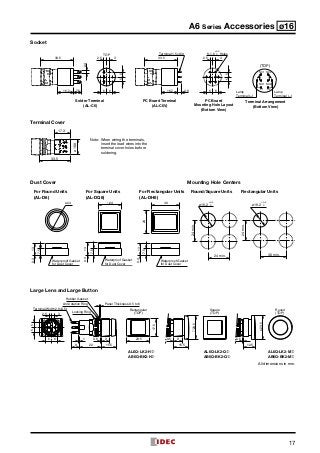 17
A6 Series Accessories ø16
Socket
PC Board Terminal
(AL-C6V)
Lamp
Terminal (+)
Lamp
Terminal (–)
(TOP)
8-1.6 HolesTerminal 1.5×0.3t
NC1 NC2
NO1 NO2
C1 C2
0
+0.3
16.2 3.8
33.5
6 6
55
32.5
Solder Terminal
(AL-C6)
2.5 3
6 6
55
2.4
16.2 7.5
33.5
TOP
PC Board
Mounting Hole Layout
(Bottom View)
Terminal Arrangement
(Bottom View)
Terminal Cover
ø16.8
33.5
17.3
Note:	 When wiring the terminals,
insert the lead wires into the
terminal cover holes before
soldering.
Dust Cover	 Mounting Hole Centers
ø24
7.5
0.313
Waterproof Gasket
for Dust Cover
7.5
0.313
c24
Waterproof Gasket
for Dust Cover
7.5
0.313
30
24
Waterproof Gasket
for Dust Cover
ø16.2 0
+0.2
24 min.
24min.
ø16.2 0
+0.2
30 min.
24min.
For Round Units
(AL-D6)
For Square Units
(AL-DQ6)
For Rectangular Units
(AL-DH6)
Round/Square Units Rectangular Units
Large Lens and Large Button
Anti-rotation Ring
Locking Ring
Rubber Gasket
Terminal Width 2.8×0.5t Round
(TOP)
Rectangular
(TOP)
Square
(TOP)2.5 3
55
6 6 1 0.6 9
8 22 15.5
Panel Thickness 0.5 to 6
AL6Q-LK2-H➁
AB6Q-BK2-H➁
AL6Q-LK2-Q➁
AB6Q-BK2-Q➁
AL6Q-LK2-M➁
AB6Q-BK2-M➁
23.5
17.5
0.6 9
15.5
23.5
ø23.5
0.6
12.5
All dimensions in mm.
 