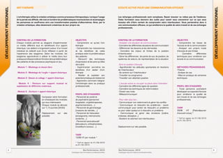 DÉVELOPPEMENT PERSONNEL   art-therapie
                          art-therapie                                                                                            ecute active pour une communicati
                                                                                                                                  ecoute active pour une communication efficace




                                                                                                                                                                                                                                    DÉVELOPPEMENT PERSONNEL
                          L’art-thérapie utilise la création artistique comme processus thérapeutique. Lorsque l’usage            Les échanges professionnels sont complexes. Savoir écouter ne relève pas de l’évidence.
                          de la parole est difficile, elle met en lumière les problématiques inconscientes et accompagne          Cette formation vous donnera des outils pour savoir vous concentrer sur ce que vous
                          les personnes en souffrance vers une transformation positive d’elles-mêmes. Ainsi, par la               écoutez afin d’être certain de comprendre votre interlocuteur. Vous parviendrez donc à
                          création artistique, elles deviennent créatrices de leur propre vie.                                    une communication efficace, ce qui améliorera la qualité de votre travail et de vos échanges
                                                                                                                                  professionnels.




                          contenu de la formation                                         OBJECTIFS                               contenu de la formation                                       OBJECTIFS
                          Chaque module permet au stagiaire d’expérimenter                - Comprendre ce qu’est l’art-           . Analyser une situation de communication                     - Comprendre les bases de
                          un média différent tout en bénéficiant d’un apport              thérapie                                - Connaître les différentes situations de communication       l’écoute et de la communication
                          théorique. Les ateliers s’organisent autour d’un travail        - Comprendre les mécanismes             - Différencier les besoins et les demandes                    - Analyser son propre mode
                          individuel et collectif suivi d’une réflexion à partir de       et les bénéfices de cette               - Connaître les enjeux et limites de la position              d’écoute et ses limites
                          l’expérience des stagiaires. Selon les modules, les             pratique selon la problématique         d’interlocuteur                                               -     Connaître       différentes
                          stagiaires apprendront à utiliser le média dans leur            des patients                            - Gérer les différences : de points de vue, de position, de   techniques pour améliorer son
                          pratique professionnelle en fonction de la problématique        - Découvrir des techniques              systèmes de valeurs, de représentation de la situation        écoute et sa communication
                          des patients et des processus psychiques en jeu.                d’expression et les sens qu’elles
                                                                                          stimulent                               . Etre en position d’écoute
                          . Module 1 : Modelage et dessin libre                           - Expérimenter soi-même les             - Appréhender les attitudes spontanées et réactions           méthodes pédagogiques
                                                                                          bénéfices d’un atelier d’art-           de l’interlocuteur                                            -Théorie
                          . Module 2 : Modelage de l’argile + apport théorique            thérapie                                - Se centrer sur l’interlocuteur                              - Analyse de cas
                                                                                          - Révéler et exploiter son              - Travailler sa congruence                                    - Mise en pratique de certaines
                          . Module 3 : Dessin et collage + apport théorique               potentiel artistique et relationnel     - Travailler son attention positive                           techniques
                                                                                          - Apprendre comment intégrer
                          . Module 4 : Peinture sur support musical et                    l’art-thérapie dans sa pratique         . L’écoute active ou occuper sa place dans l’entretien
                          exploitation de différents matériaux                            professionnelle                         - Connaître les différents types de question                  profil des stagiaires
                                                                                                                                  - Connaître les techniques de reformulation                   - Toute personne souhaitant
                          . Module 5 : Ecriture + apport théorique                                                                - Choisir ses mots                                            développer sa capacité d’écoute
                                                                                          profil des stagiaires                   - Métacommuniquer                                             pour améliorer la qualité de
                                                      Composez votre formation            - Personnel de santé et                                                                               son travail et de ses échanges
                                                      en choisissant les modules          de psychiatrie (personnel               . Pour aller plus loin...                                     professionnels.
                                                      qui vous intéressent.               hospitalier, ergothérapeutes,           - Communiquer non violemment et gérer les conflits
                                                      Chaque module se déroule            psychomotriciens, ...)                  - Communiquer et résoudre les problèmes : savoir
                                                      sur 1/2 journée (3h30).             - Personnel de gérontologie             communiquer pour tenter de résoudre un problème               Tarif
                                                                                          (maisons de retraite, ...)              ou pour aider quelqu’un à résoudre un problème                350€       HT     (Petit-déjeuner
                                                      Déplacement       sur    site       - Personnel de l’éducation              - Communiquer et gérer des émotions (colère,                  d’accueil inclus) *
                                                      possible.                           (enseignants, intervenants              tristesse, déception...)
                                                                                          scolaires, ...)                         - Soutenir et valoriser son interlocuteur.                    * Tarif en vigueur du 01/09/2012
                                                                                          - Personnel socio-éducatif                                                                            au 01/02/2013
                                                                                          (éducateurs, orthophonistes,
                                                                                          travailleurs sociaux, ...)              Déplacement sur site possible.


                                                                                          Tarif
                                                                                          120€ HT par module *

                                                                                          * Tarif en vigueur du 01/09/2012
                                                                                          au 01/02/2013

                 3                                                                                  Revi Performances /2012       Revi Performances /2012                                                                           4
                                                                                      Catalogue des formations professionnelles   Catalogue des formations professionnelles
 